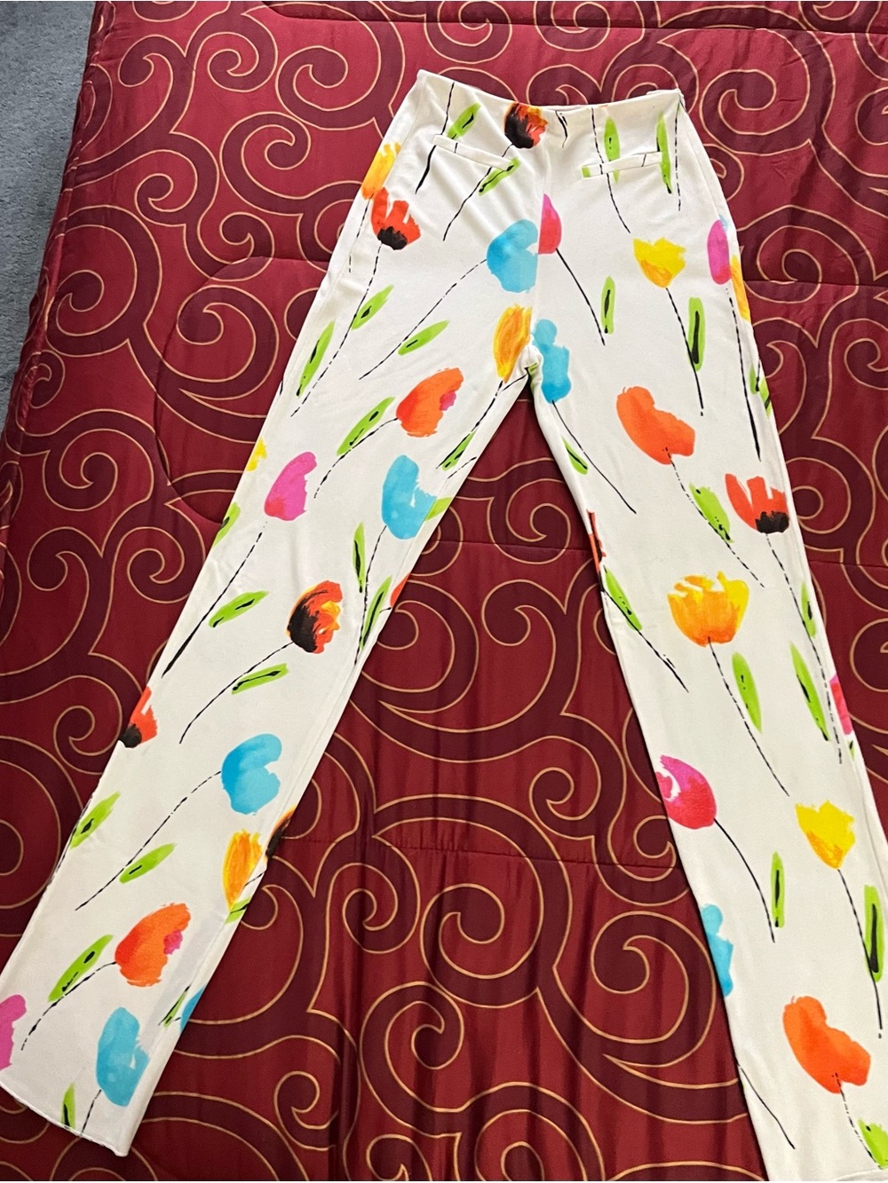 Versace Cream Floral Print Straight Trousers with Multicolor Blooms